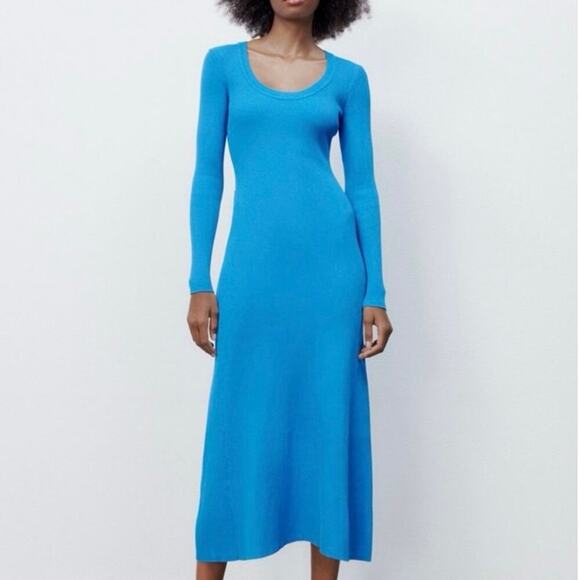 NWOT Zara Long Sleeve Blue Ribbed Midi Knit Sweater Dress Sz S - Picture 1 of 8